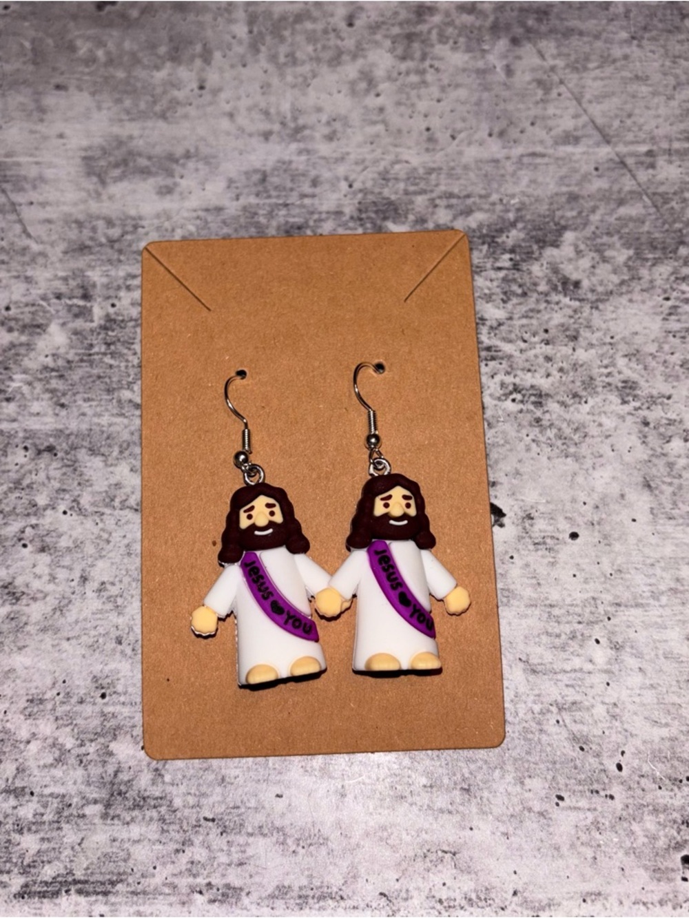Handmade Jesus Loves You Earrings NEW Purple Sash